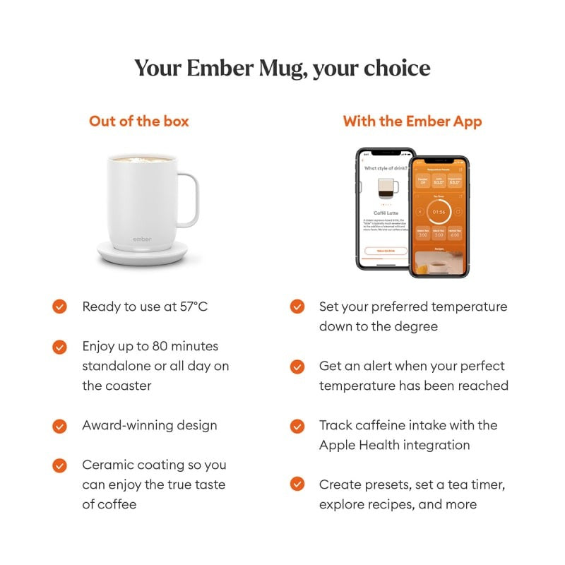 Ember Electric Insulated SMART Mug 9 414 ml + Charging Coaster - White