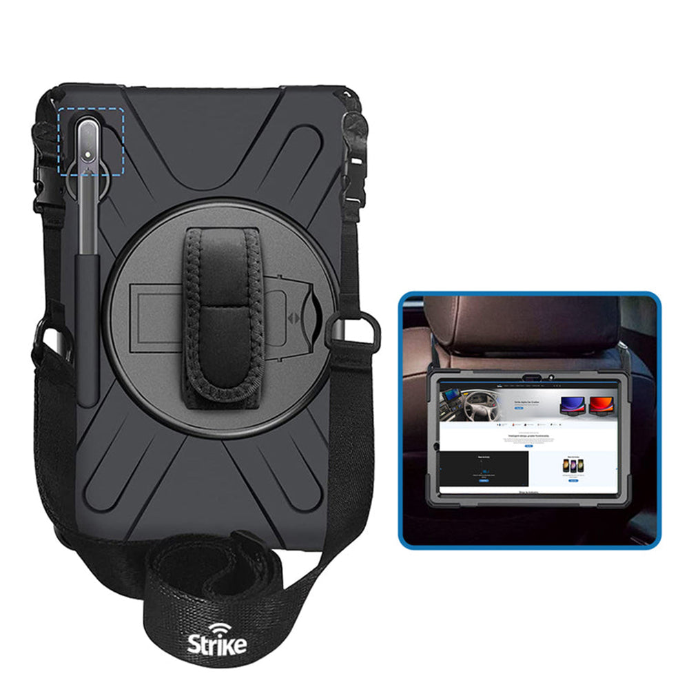 Samsung (Strike) Rugged Case with Hand Strap and Lanyard for Galaxy Tab S10 Lite/S10 FE/S9 FE/S9/S8/S7 - Black