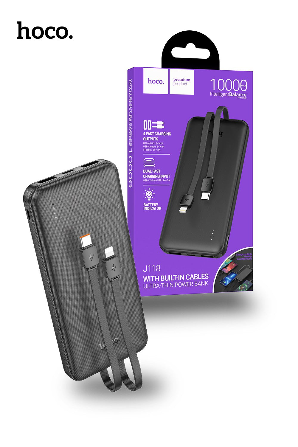 Hoco J118 10000mAh With Built In Charging Cable Speed Energy Power Bank - Black