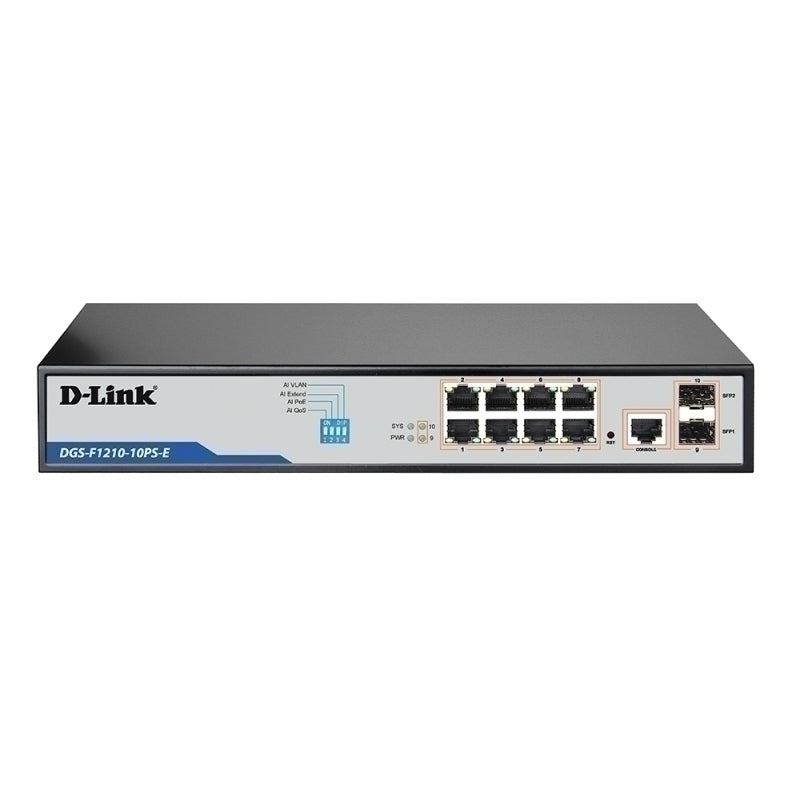 D-Link 10-Port Gigabit Smart Managed PoE+ Switch with 8 Long Reach PoE Ports + 2 SFP Ports - Black