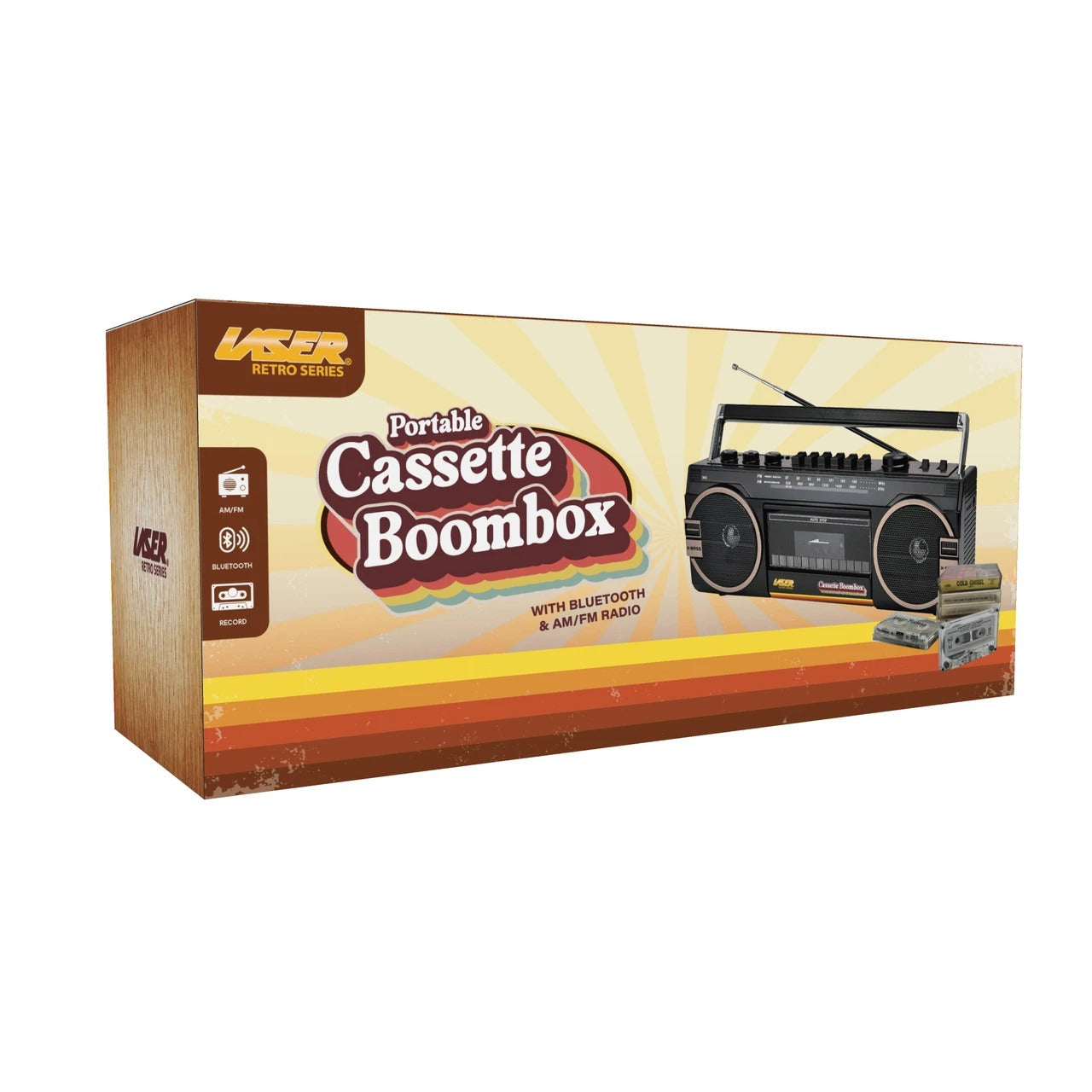 Laser Retro Cassette Boombox with AM FM Radio - Black