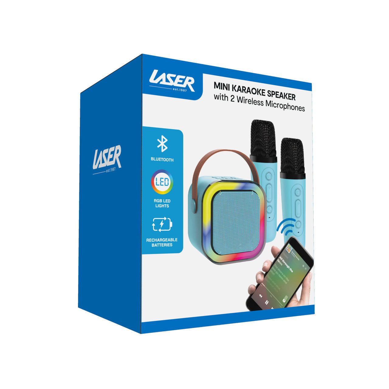 Laser Mini Karaoke Speaker 2 Wireless Mics- Blue