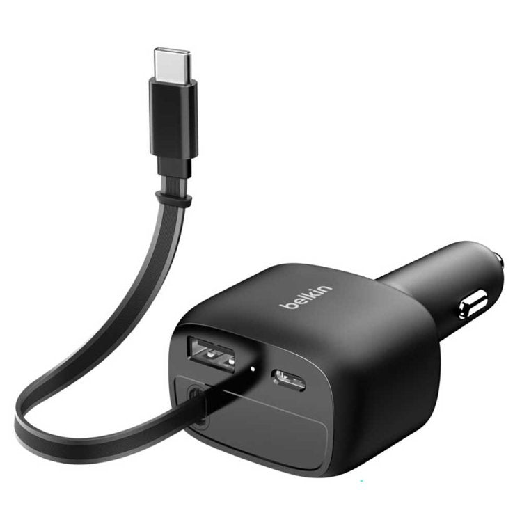 Belkin BoostCharge 75W 2-Port Car Charger-with Retractable USB-C Cable - Black
