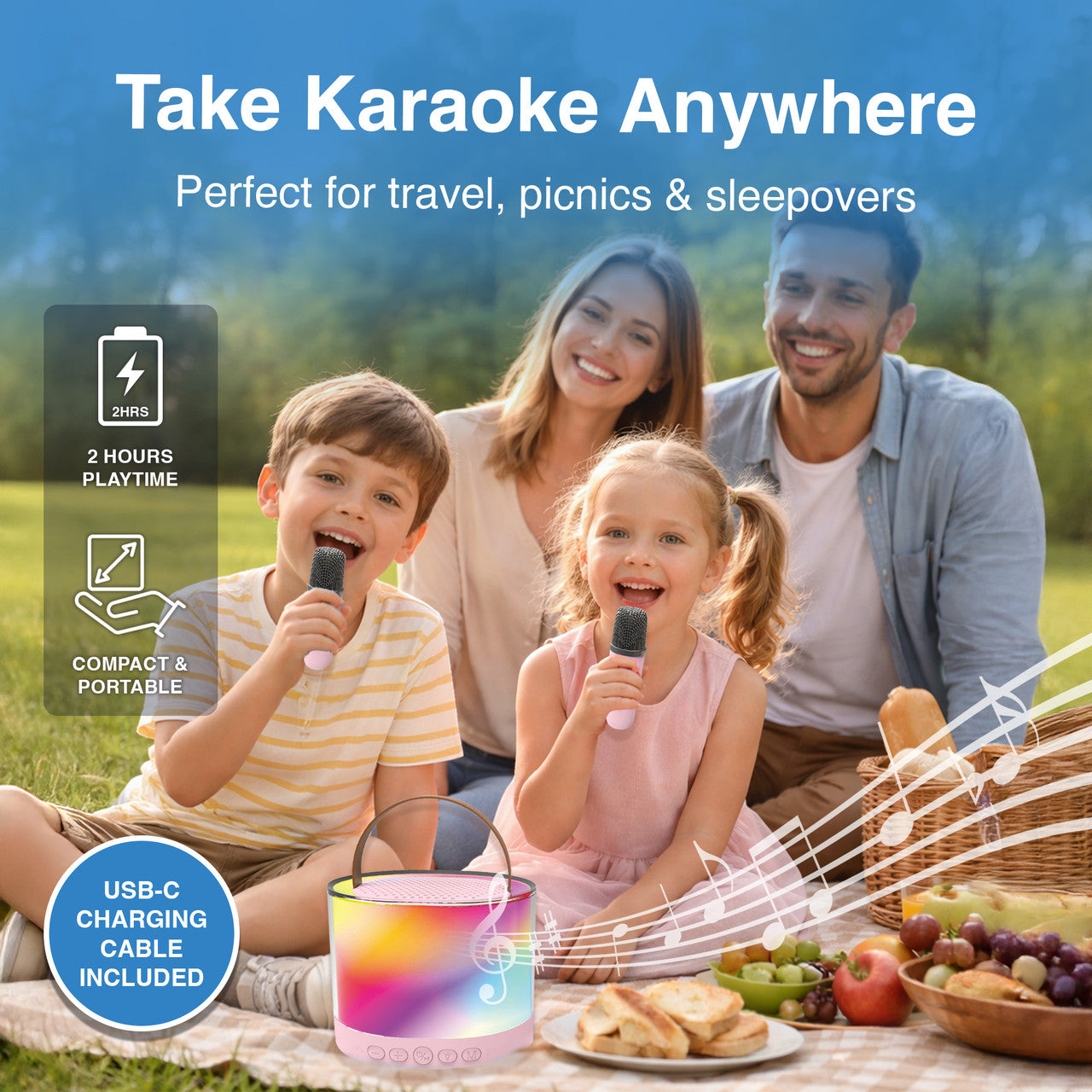 Laser Mini RGB Karaoke Speaker with 2 Wireless Mics - Pink