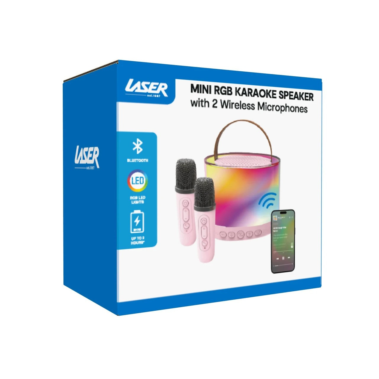 Laser Mini RGB Karaoke Speaker with 2 Wireless Mics - Pink