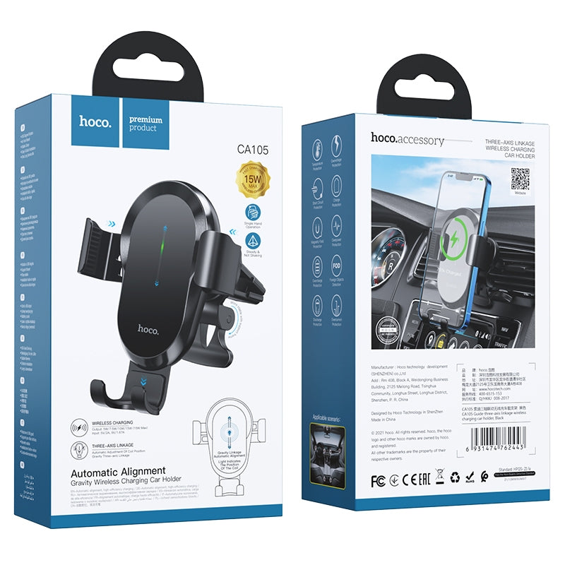 Hoco CA105 15W Three Axis Linkage Wireless Charger Air Vent Car Holder - Black