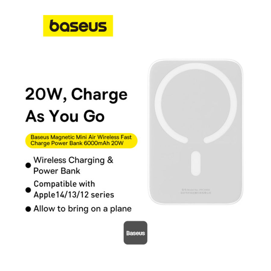 Baseus 6000mAh Magnetic Mini Air 15W Wireless Power Bank With PD 20W Type-C Port - White