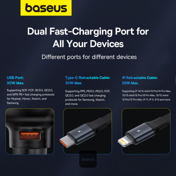 Baseus Enjoyment Pro Series Car Charger USB-A Port + Type-C & Lightning Retractable Cable 60W  - Black