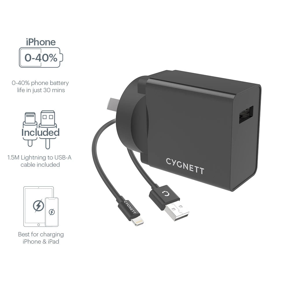Cygnett PowerPlus 12W Fast Wall Charger + Lightning Cable - Black