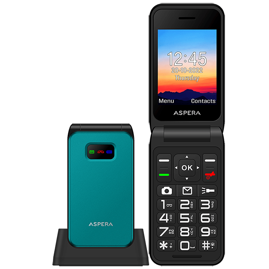 Aspera F46 Seniors 4G BIG button FLIP mobile phone with CRADLE- Black / Green