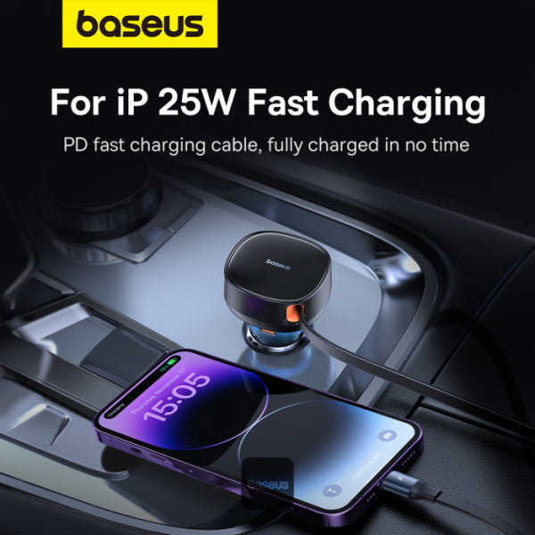 Baseus Enjoyment Pro Series Car Charger USB-A Port + Type-C & Lightning Retractable Cable 60W  - Black