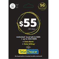 Thumbnail for Telechoice 5G $55 Prepaid SIM Plan -120GB/ 30 Days