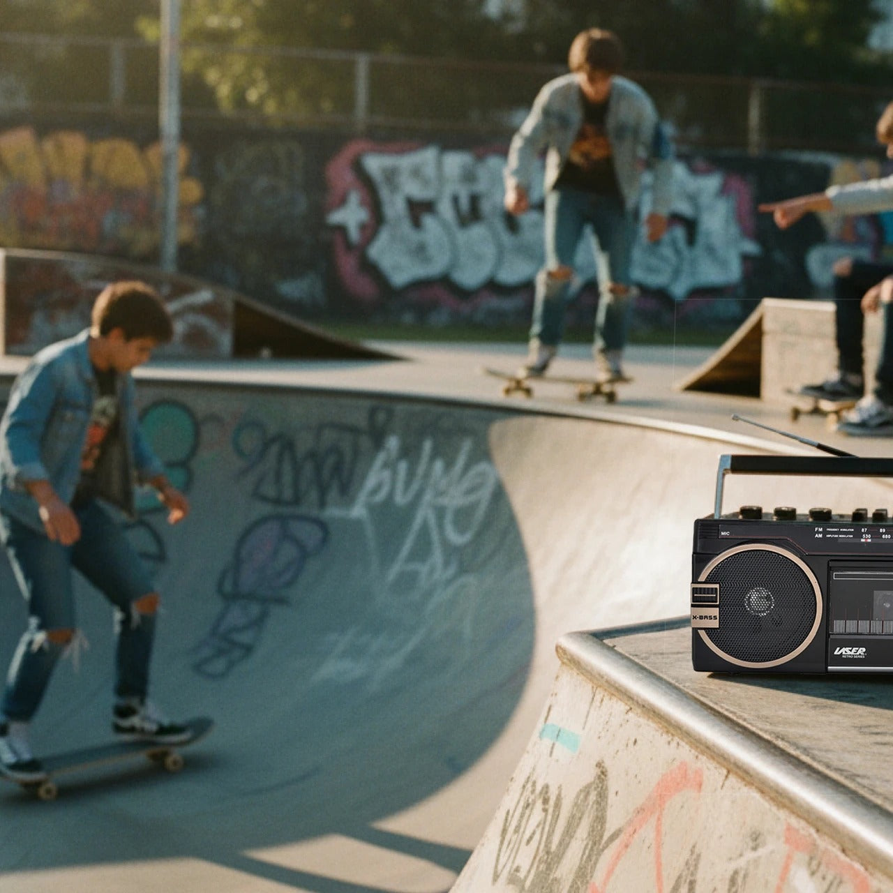 Laser Retro Cassette Boombox with AM FM Radio - Black