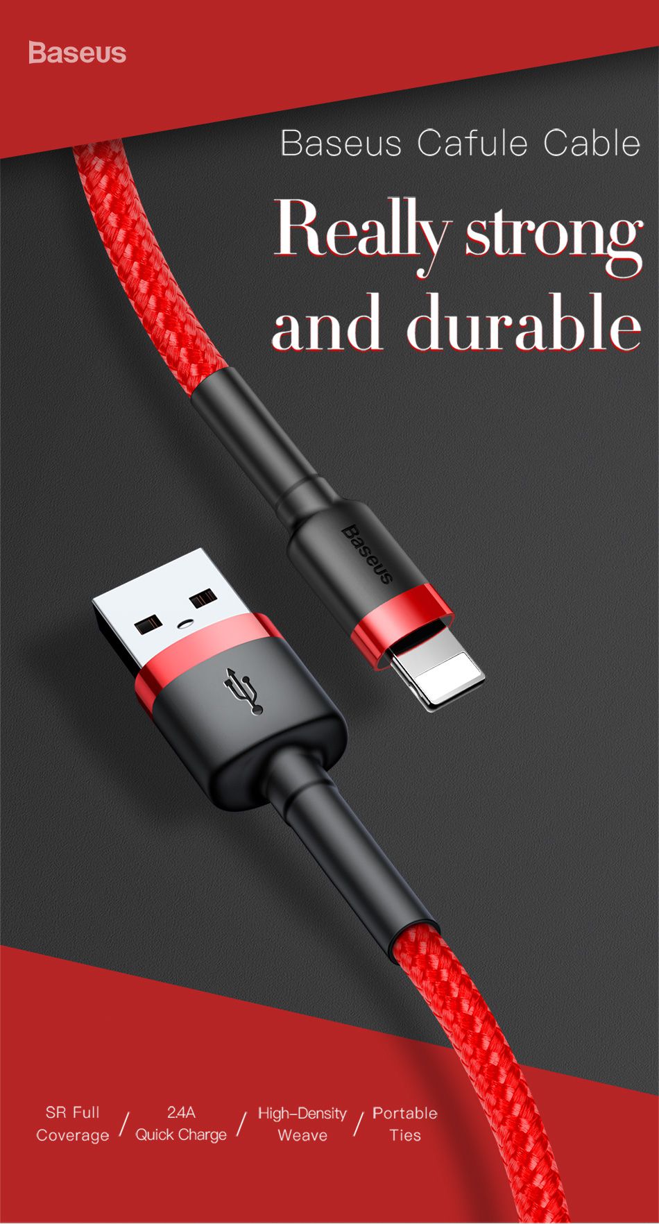 Baseus USB-A To Lightning Cafule Tough Cable Braided Cord  1m - Black