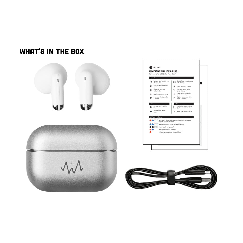 Wave Audio True Wireless Bluetooth Earbuds with Case Immersive Mini - Silver