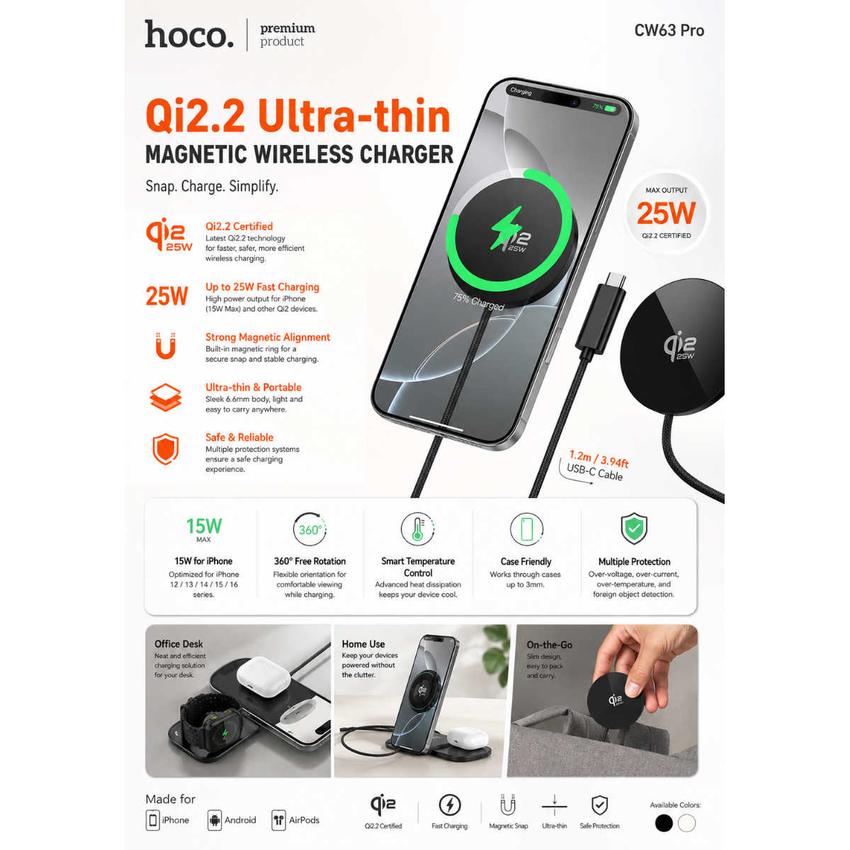 Hoco CW63 Pro Qi2.2 25W Magnetic Wireless Fast Charger (MagSafe Compatible) - Black