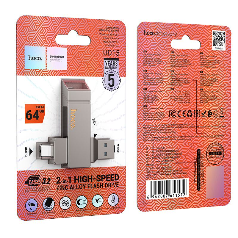 HOCO UD15 2-in-1 High Speed Zinc alloy Flash Drive (USB-A & USB-C) - Metal gray