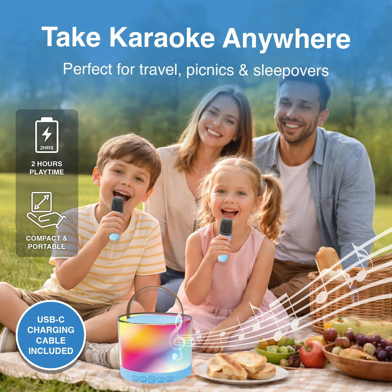 Laser Mini RGB Karaoke Speaker with 2 Wireless Mics - Blue