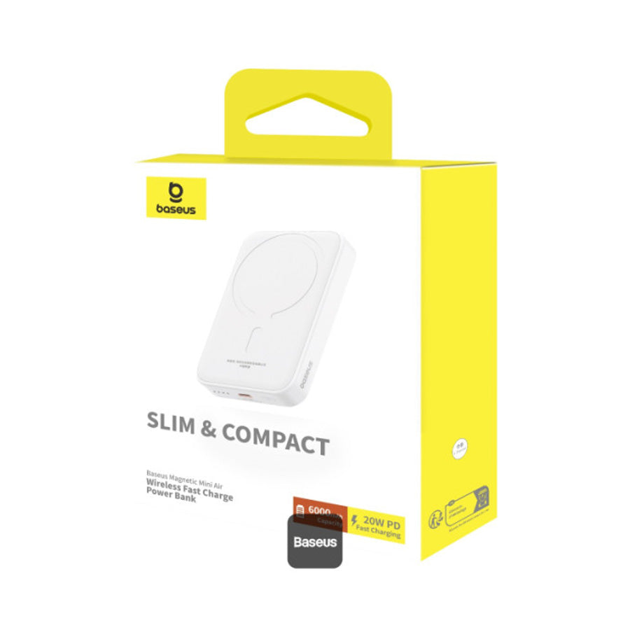 Baseus 6000mAh Magnetic Mini Air 15W Wireless Power Bank With PD 20W Type-C Port - White