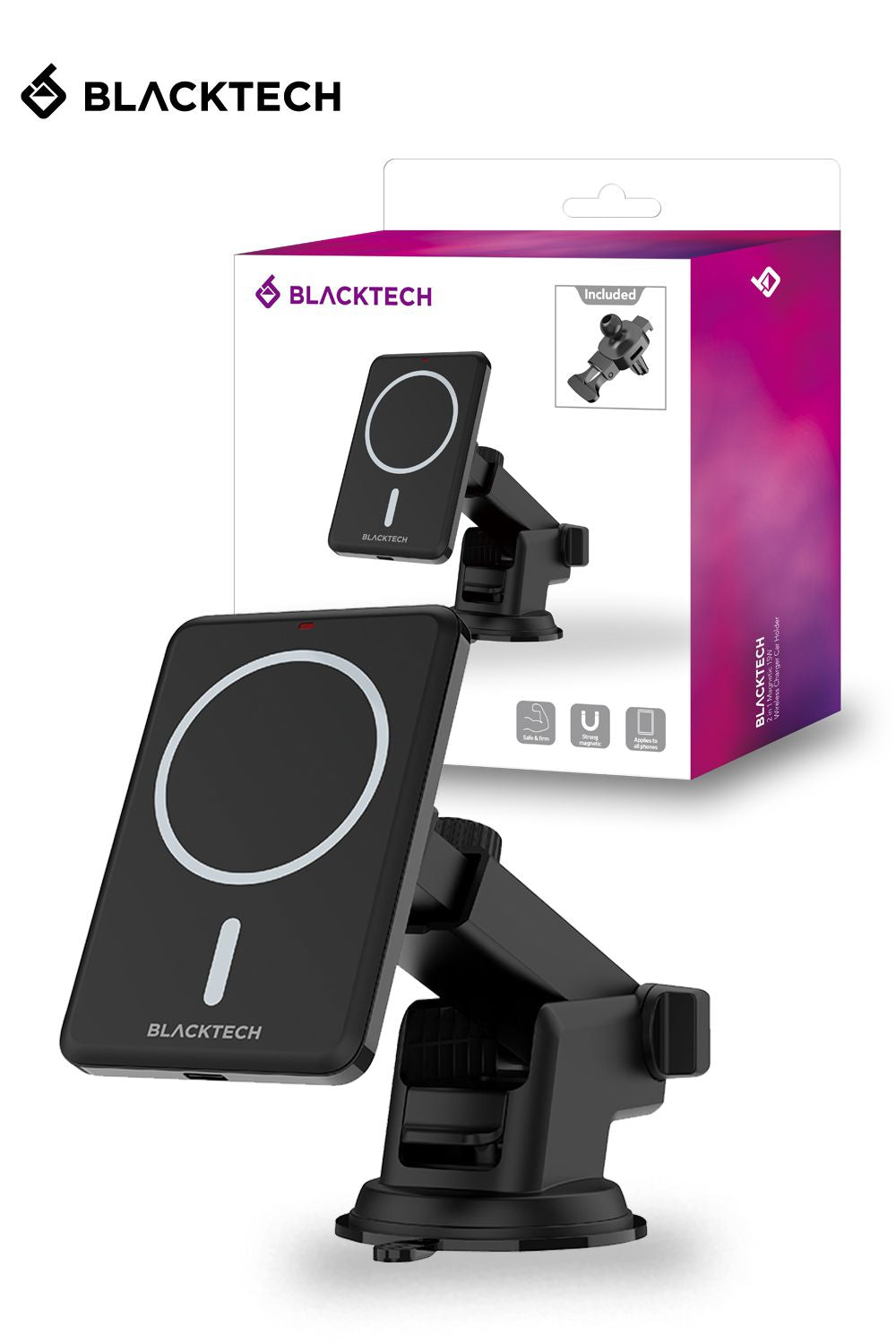 BLACKTECH 15W Magsafe compatible Magnetic Wireless Charger Car Holder Air Vent /Windscreen/ Dash boa