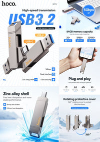 Thumbnail for HOCO UD15 2-in-1 High Speed Zinc alloy Flash Drive (USB-A & USB-C) - Metal gray