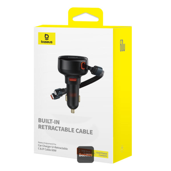 Baseus Enjoyment Pro Series Car Charger USB-A Port + Type-C & Lightning Retractable Cable 60W  - Black
