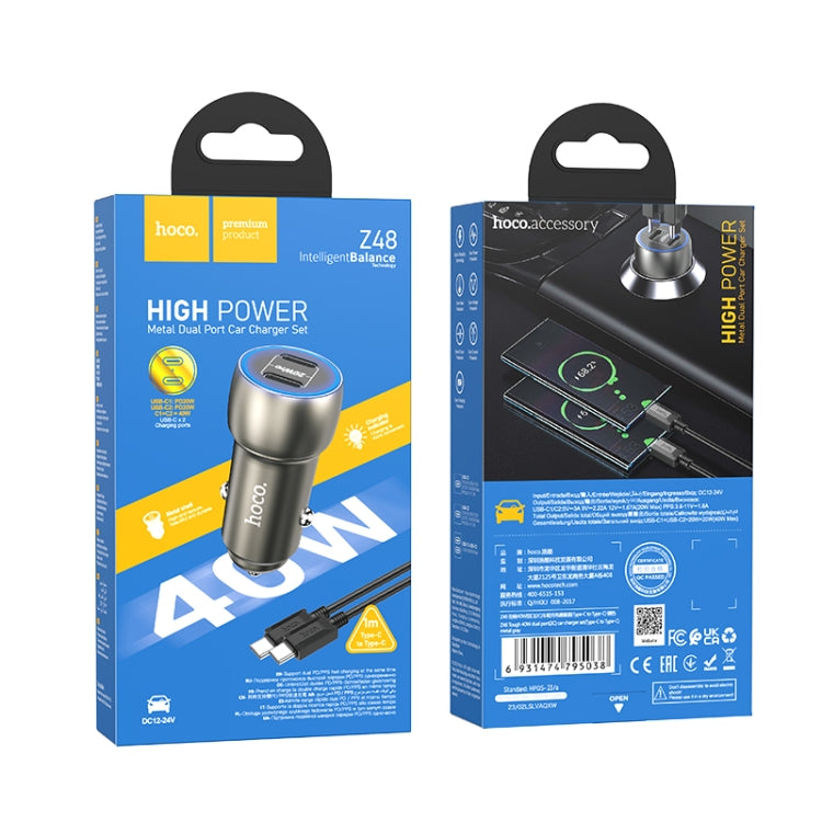 Hoco Z48 40W Dual Port USB-C Metal Car Charger With Lightning Cable - Gray