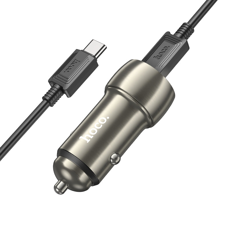 Hoco Z48 40W Dual Port USB-C Metal Car Charger With Lightning Cable - Gray