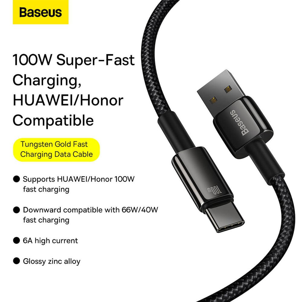 Baseus Tungsten Gold Fast Charging Data Cable USB-A to USB-C 100W 2m - Black