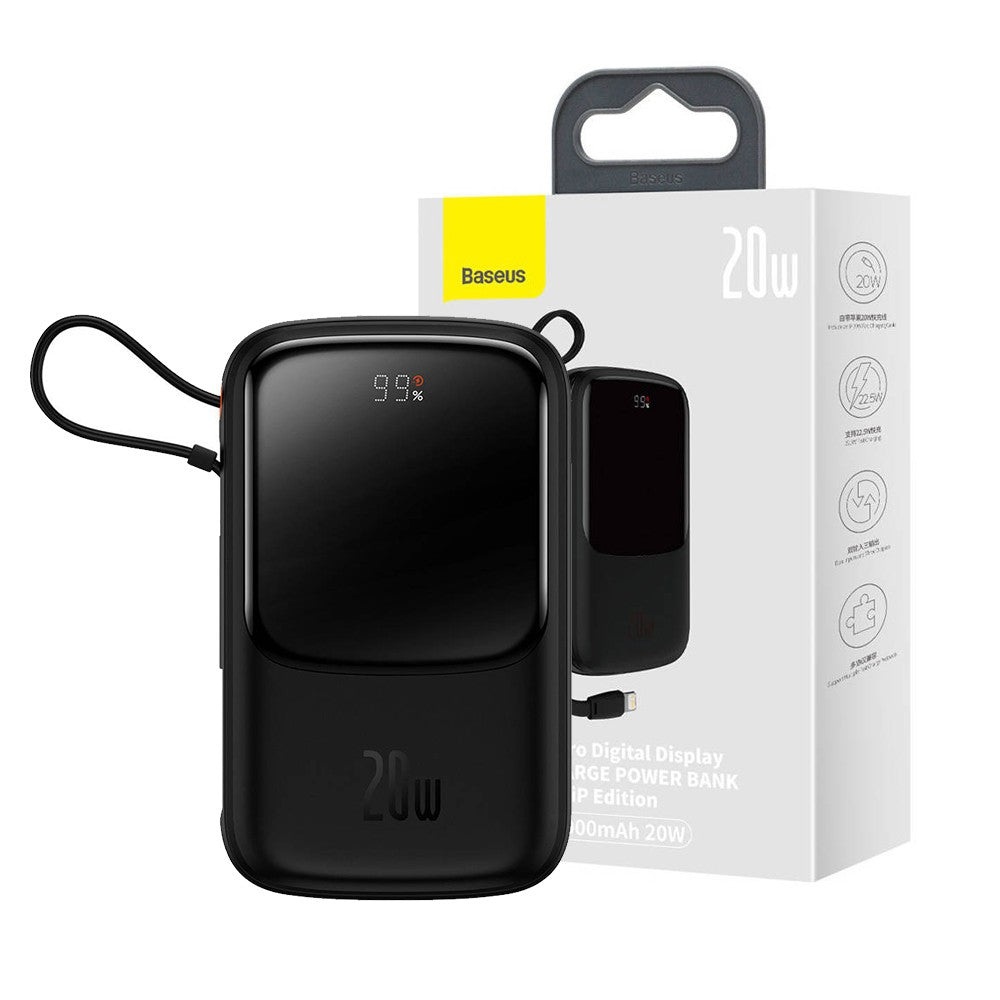 Baseus Qpow Digital Display Power Bank 10000mAh 20W Built-in Lightning Cable - Black