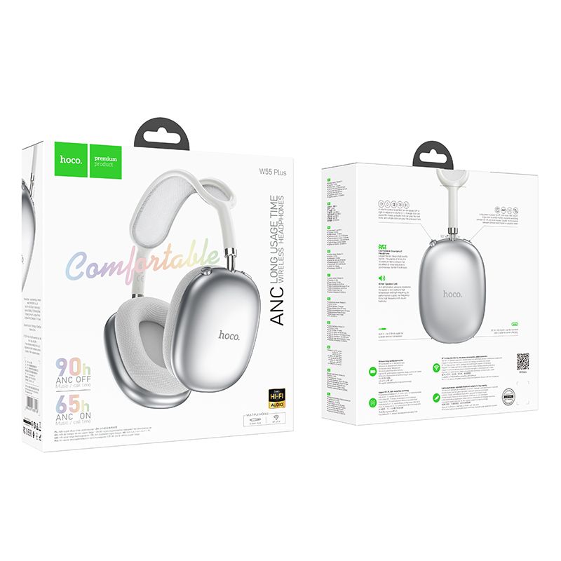 Hoco W55 Plus ANC Bluetooth Headphones - Silver White