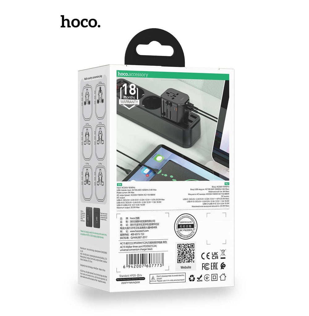Hoco AC15 20W PD QC 3.0 Fast Charging International TRAVEL Charger Wall Adapter Socket AU|USA|UK|EU|