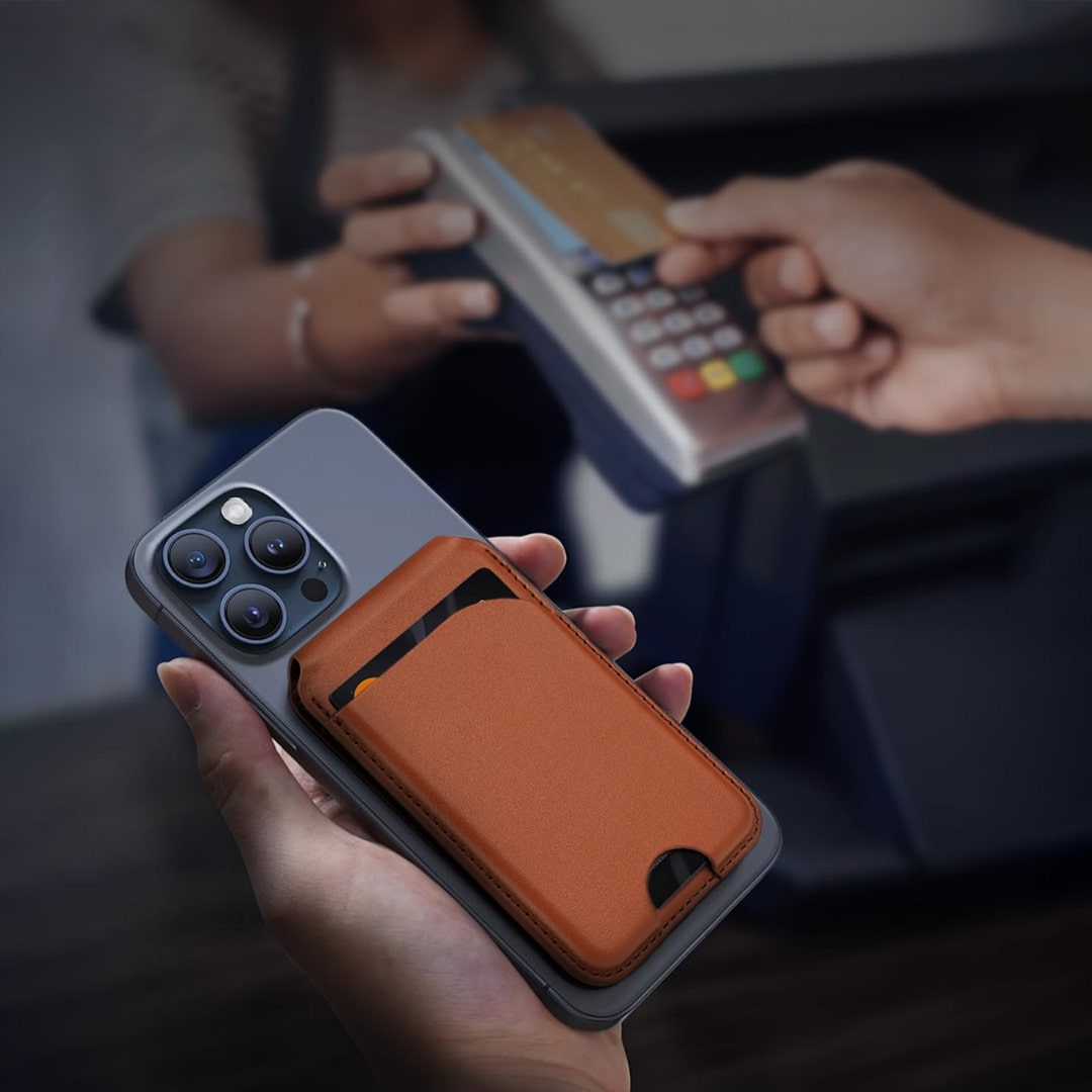 Jabees MagWallet with RFID Blocking Magsafe Phone Wallet and Stand - Brown