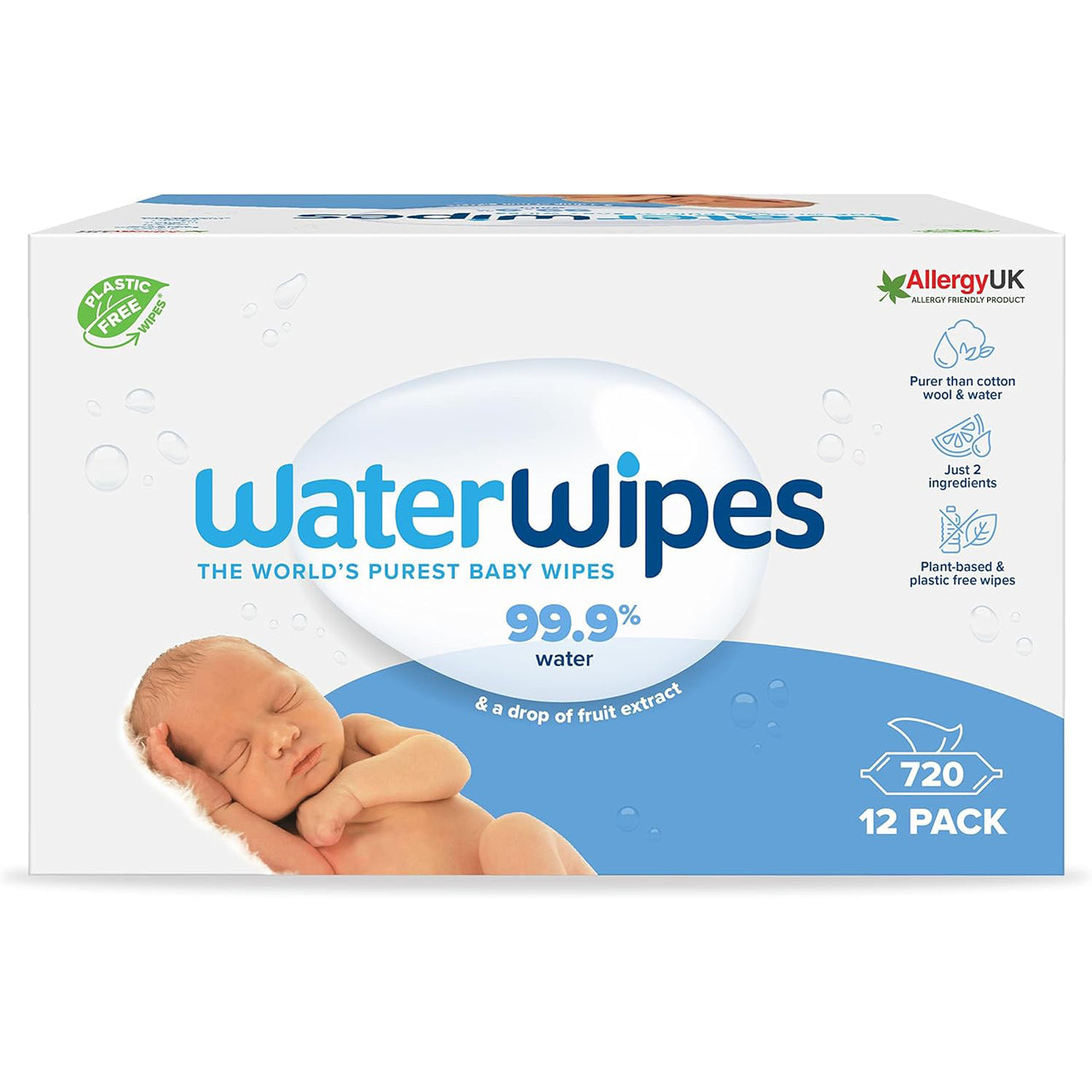 WaterWipes 720 Pack, Biodegradable Baby Wipes, 99.9% Water Based Wet Wipes, Unscented & Hypoallergenic, For Sensitive Skin & Newborns (12 packs x 60 wipes)