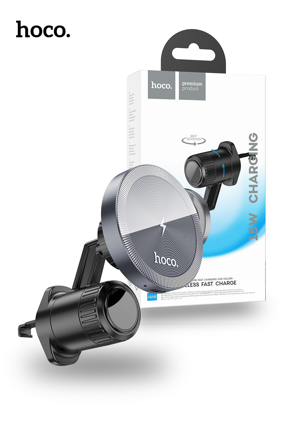 Hoco HW6 15W Vision Metal Magnetic Wireless Charging Air Vent Car Holder - Black