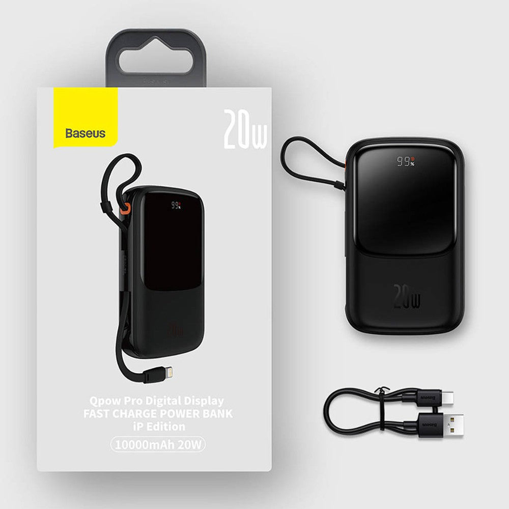 Baseus Qpow Digital Display Power Bank 10000mAh 20W Built-in Lightning Cable - Black