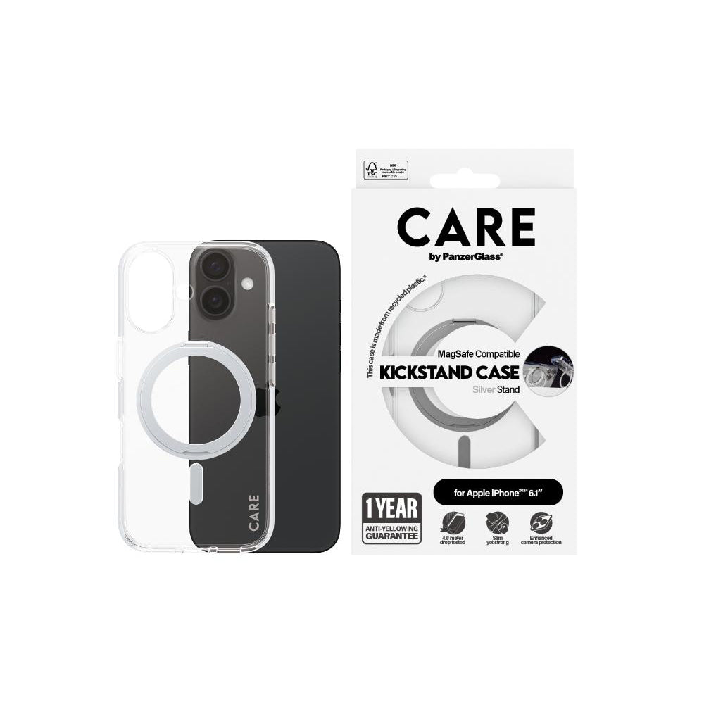 PanzerGlass CARE MagaSafe & KickStand Compatible Case for Apple iPhone 16 - Silver