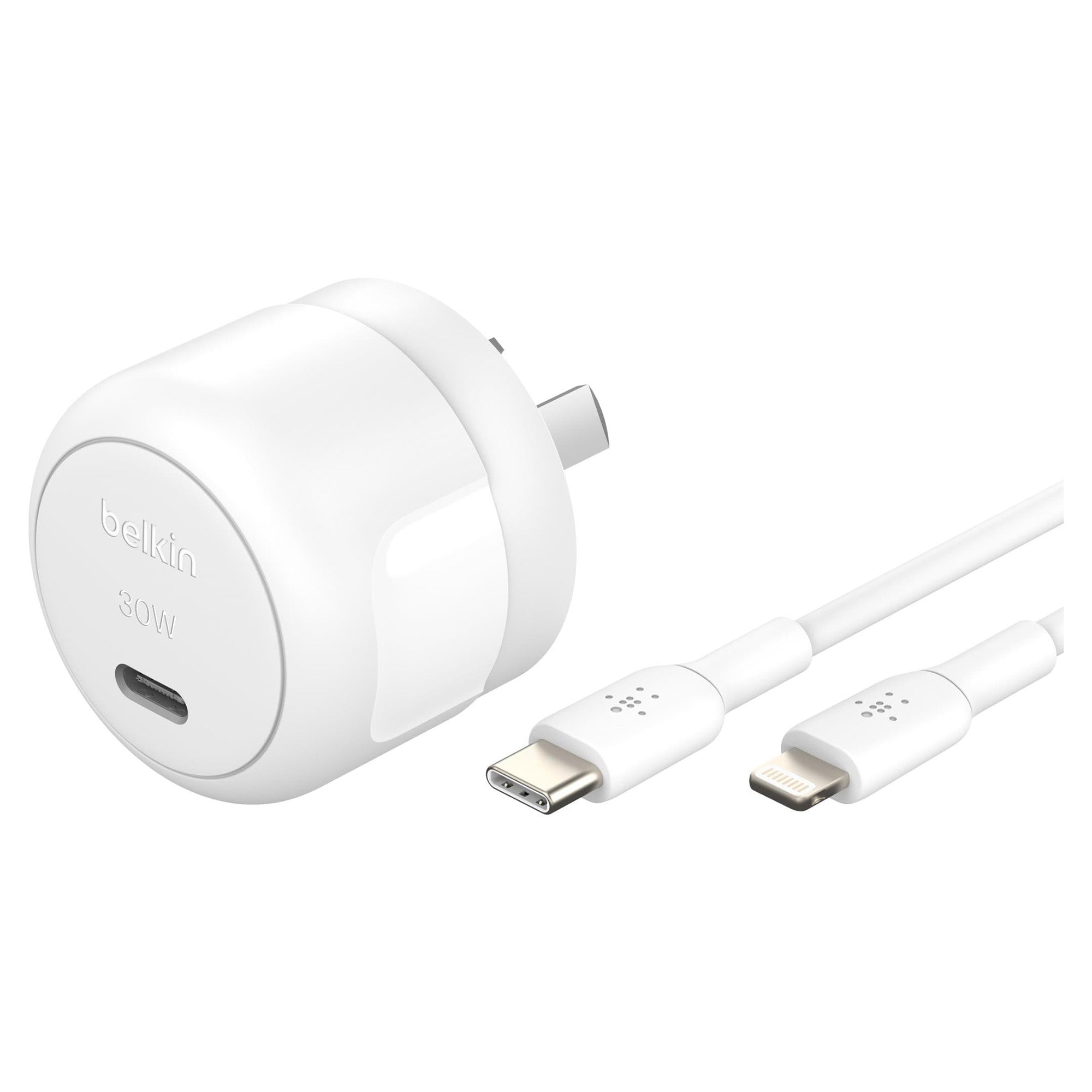 Belkin BoostCharge Compact USB-C Wall Charger 30W with USB-C to Lightning Cable - White
