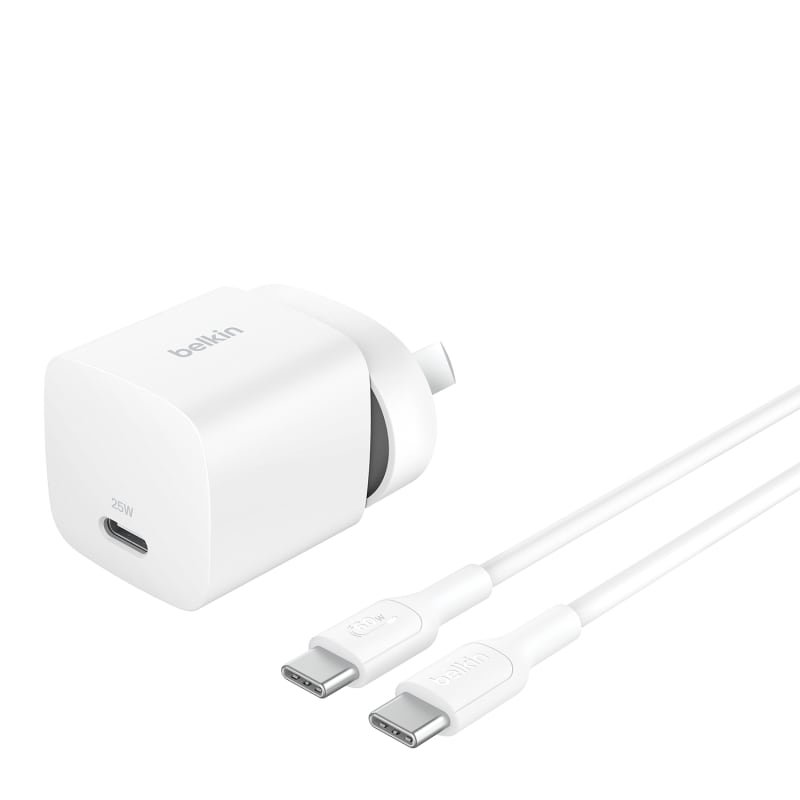Belkin Boost Charge 25W Wall Charger & USB-C Cable with USB-C Output & 1m USB-C to USB-C Cable - White