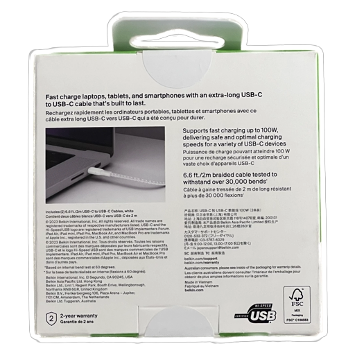 Belkin BoostCharge USB-C to USB-C Cable (2 Pack) 100W - White