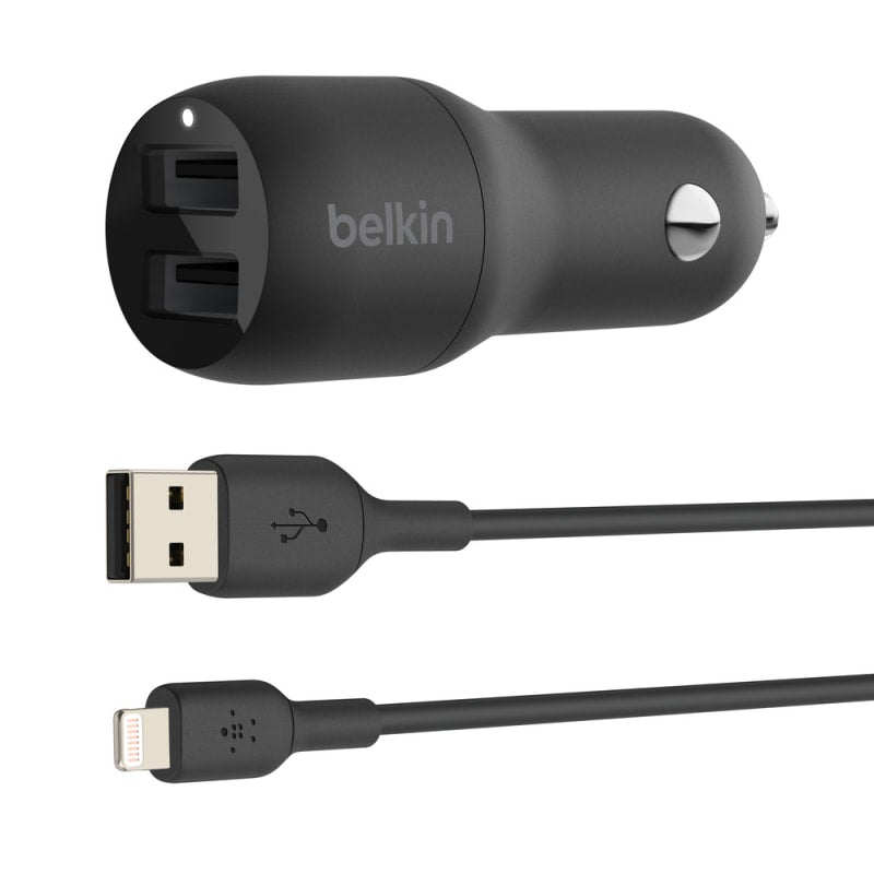Belkin BoostCharge Dual 24W Car Charger with Lightning Cable for Apple Devices - Black
