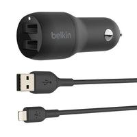 Thumbnail for Belkin BoostCharge Dual 24W Car Charger with Lightning Cable for Apple Devices - Black