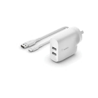 Thumbnail for Belkin 24W Dual Wall Charger and USB-A to USB-C Cable universally compatible - White