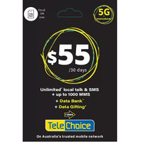 Thumbnail for Telechoice 5G $55 Prepaid SIM Plan -120GB/ 30 Days