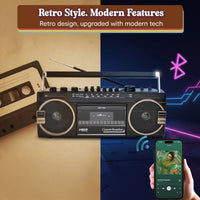 Laser Retro Cassette Boombox with AM FM Radio - Black