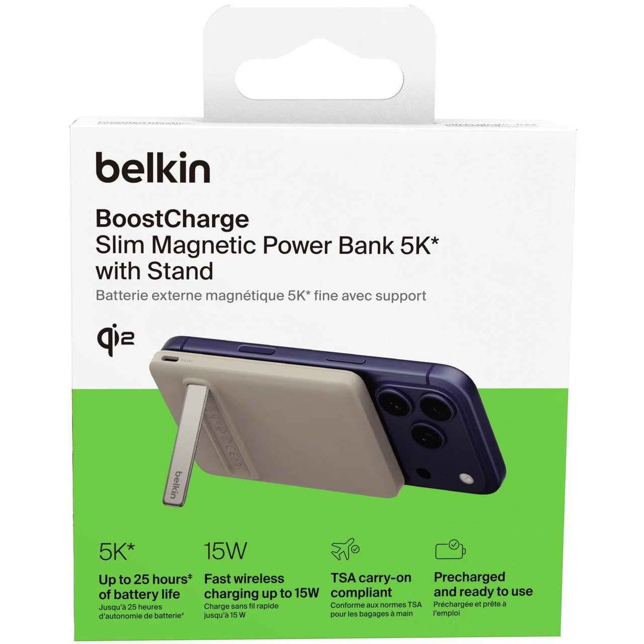 Belkin BoostCharge SLIM Magnetic 5K Power Bank Qi2(15W) + Kickstand - Sand Grey