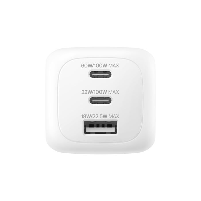 Belkin BoostCharge 100W GaN Wall Charger With 3-Port (2xUSB-C + 1x USB-A)  - White