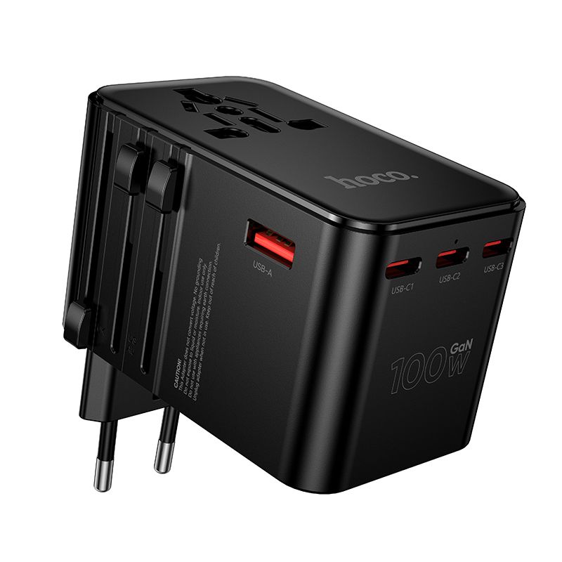 Hoco Travel Adapter 100W GaN with Fast Charging 4 Port Type-C and USB-A  - Black