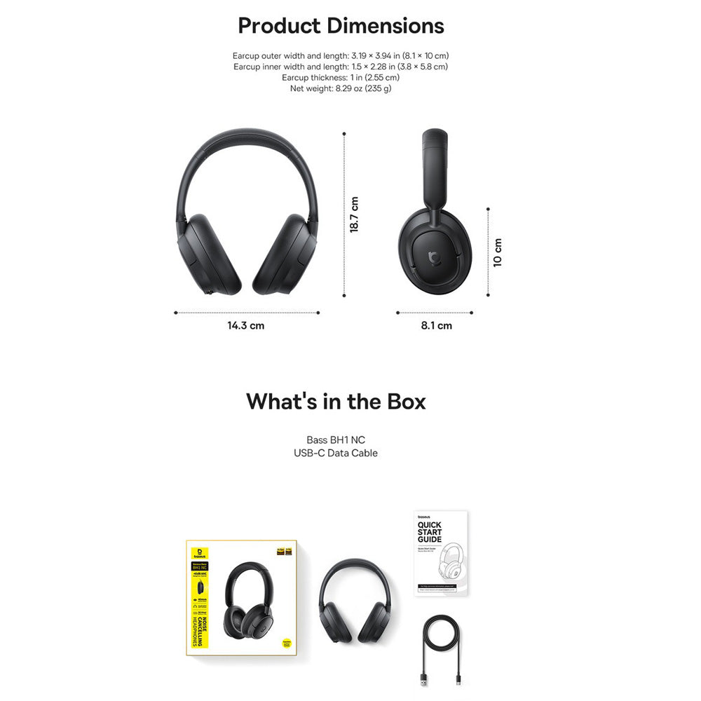 Baseus BH1 NC Noise Cancelling WireLess Headphones - Black
