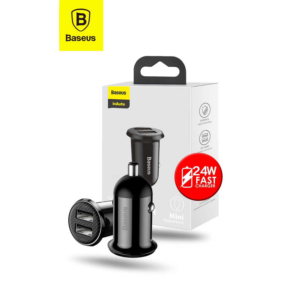 Baseus 24W DUAL Port USB-A Fast Charging Car Charger (2.4A x 2) - Black